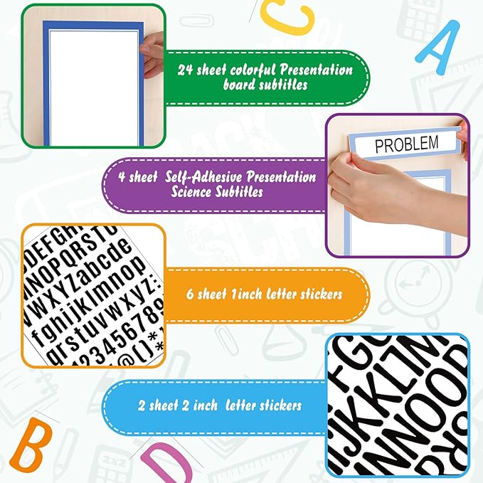 PerKoop 36 Sheets Science Fair Board Poster Boards Supplies 24 Self Adhesive Presentation Subtitles 4 Science Fair Project Titles 8 Personalized Letter Sticker for Classroom(Gradient Blue)