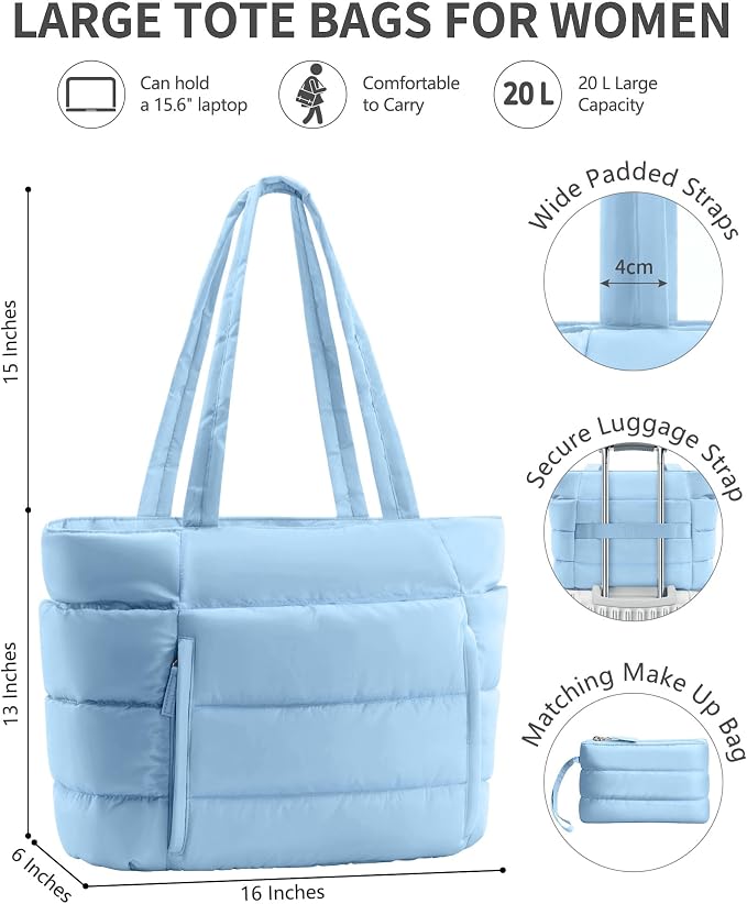 Bagstellar Puffer Tote Bag for Women, Lightweight Puffy Work Handbag Teacher Nurse Quilted Shoulder Bag for School Travel Gym | Cloud Bag w/ Zipper