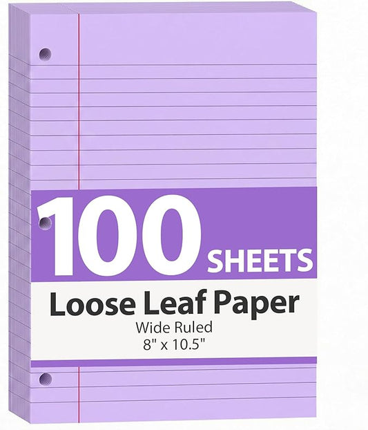 HIBOX Purple Loose Leaf Paper, 100 Sheets 8"x10.5" Colored Notebook Paper, 3-Hole Punched for 3-Ring Binders Notebook, School & College, Fights Ink Bleed, Office Planners