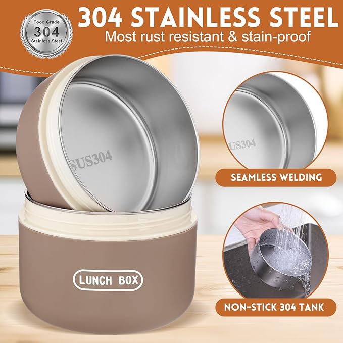 Dandat 2 Pcs Portable Insulated Lunch Containers Thermal Bento Box with Bag Fork Knife Microwavable Stainless Steel Lunch Box 15.2 oz 21 oz Separate Stackable Food Jar for Adult Men Women(Khaki)