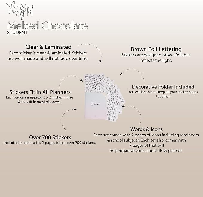Student Planner Stickers - Clear Brown Foil - School - Study - Icons - Tests - Homework - Over 600 Stickers - Folder Included - Minimal - Melted Chocolate