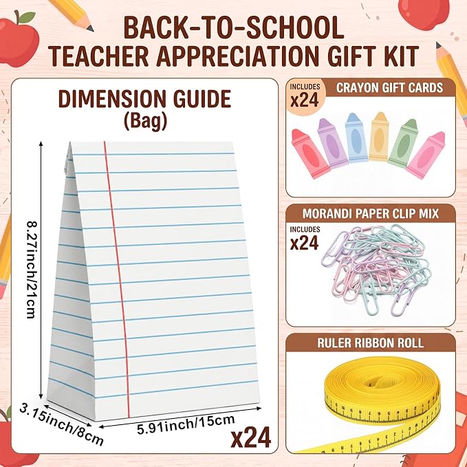 Tinlade 24 Sets Back to School Gift Bags for Teacher Students Lined Notebook Bags with Crayon Cards Ruler Ribbon Paper Clip Composition Book Classroom Decor for First Day of School Supplies Gift Wrap