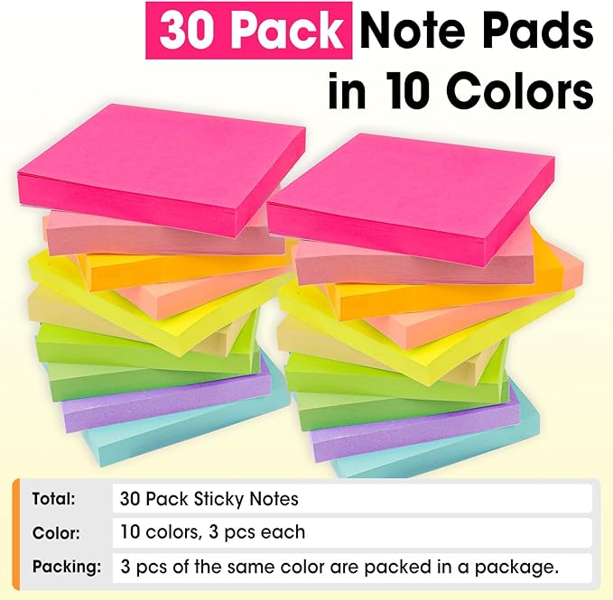 30 Pads Sticky Notes 3x3, Self-Stick Pads Bulk Bright Colors, School Supplies, Office Products, 50 Sheet/Pad