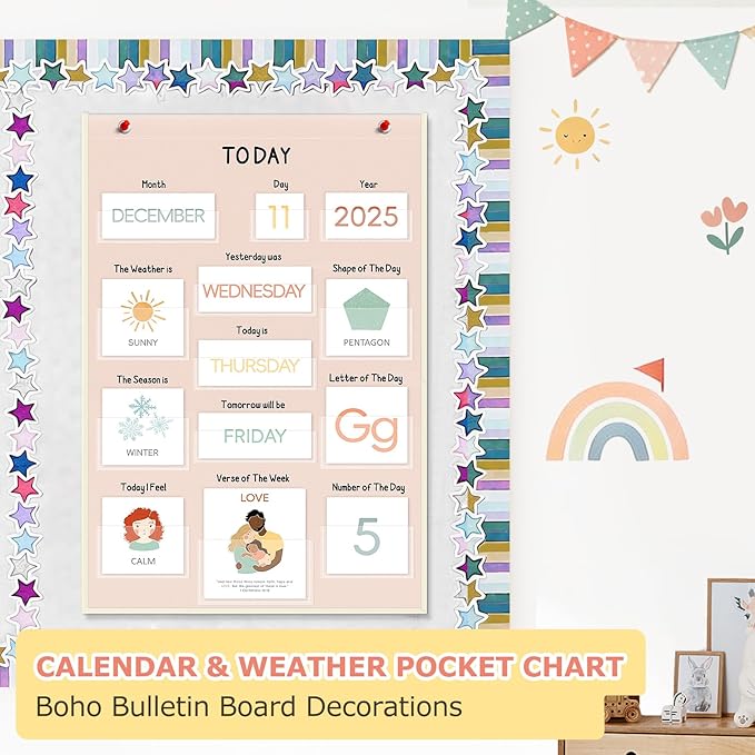 ALSLEA All About Today Calendar and Weather Pocket Chart, 21½" x 14¼" Small Boho Calendar for Kids, Preschool Circle Time Learning Center Toddler Learning Activities Chart, Homeschool Teacher Essentials 155 Cards