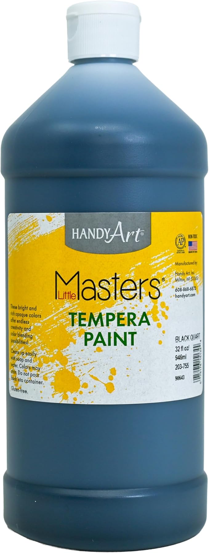 Handy Art Little Masters Tempera Paint, Black, 32 oz Bottle, Bright & Mixable, High Opacity, Washable Colors for Classroom, Students, Kids, Young Artists, Safe & Non-Toxic, Made in USA