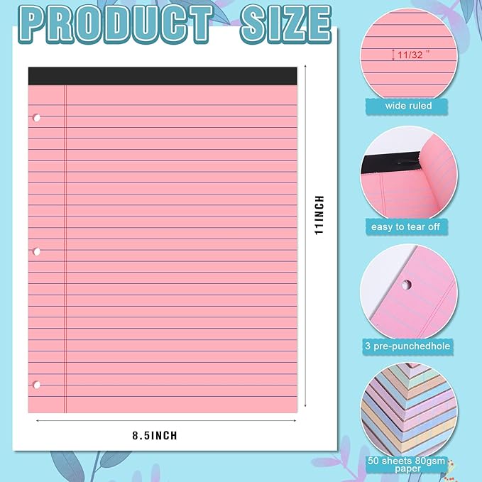 Fuutreo 12 Pcs 8.5'' x 11'' Colored Legal Pad Wide Ruled Loose Leaf Paper 3 Hole Punched Landscape Pads 50 Sheets Per Notepad Assorted Color Pastel Writing Pad Filler Paper for college(Vivid Color)
