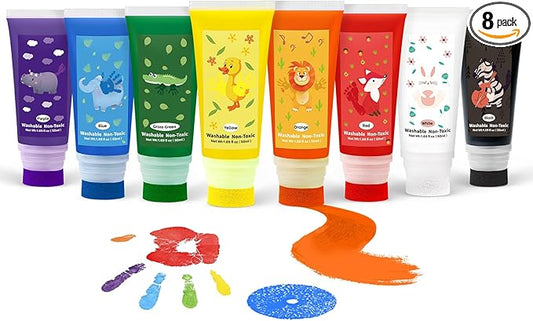 Washable Finger Paint with a Sponge Head, 8 Colors (1.69fl oz/Tube) Non-Toxic, Toddler Painting Set for Kids Boys Girls Gifts, Hand-Painted DIY, Ages 1-3 4 5 6+