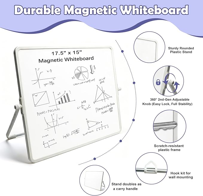Pbooo Dry Erase White Board 15x17.5 Inches with Magnetic Pen (No Ink Needed) & Felt Eraser, Portable Desktop Whiteboard with Stand for Office, Home, School, Kids Drawing
