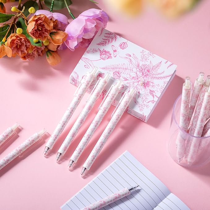 Resurhang 30 Pcs Pink and White Floral Ballpoint Pens 0.5 mm Black Ink Chinoiserie Gel Pens Vintage Aesthetic Retractable Ballpoint Office School Supplies for Bridal Baby Shower Wedding