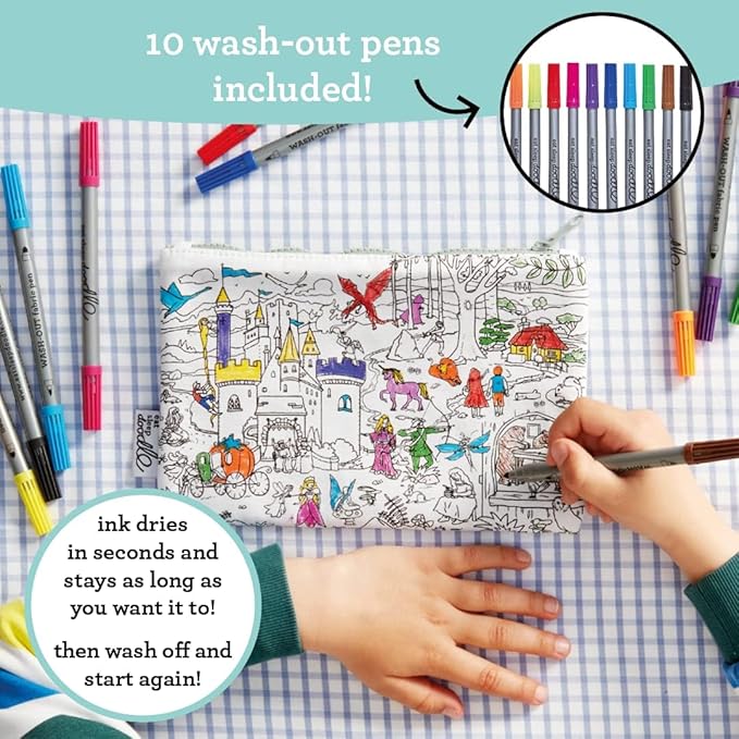 eatsleepdoodle DIY Coloring Fairy Tale Pencil Case for Kids with 10pcs Washable Markers, Reusable Art Supply Organizer, Fun Arts & Crafts Activity for Boys & Girls, Creative Gift Idea for Ages