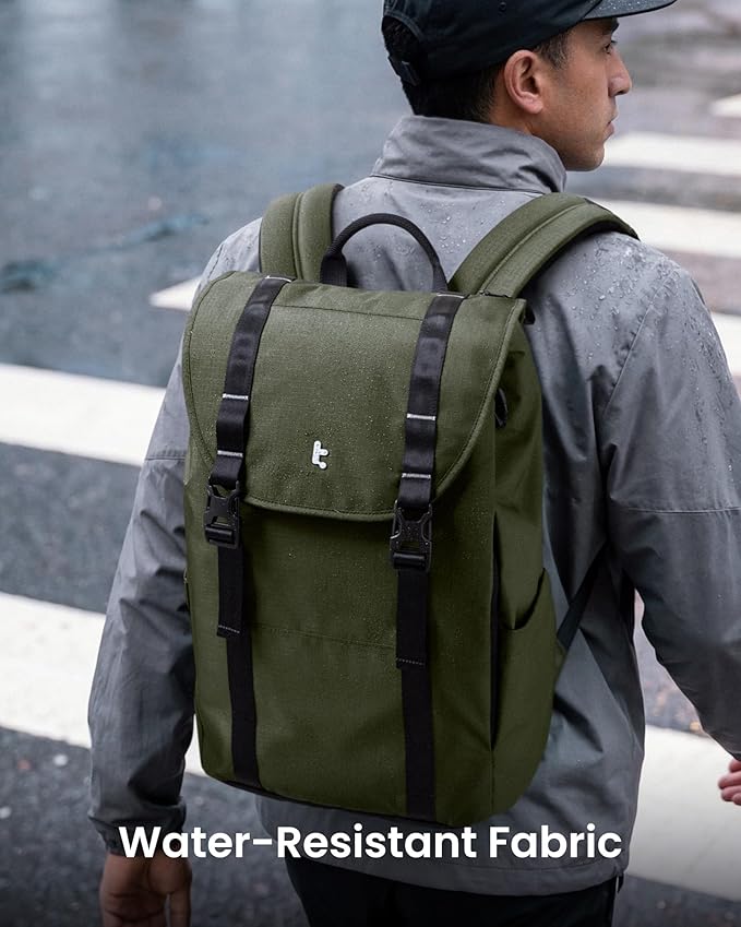 tomtoc Flap Laptop Backpack, Lightweight, Water-Resistant Casual Daypack, Durable Work-pack, Vintage Classic Rucksack for 13-16 Inch Laptop, perfect for Campus, Street, 22L