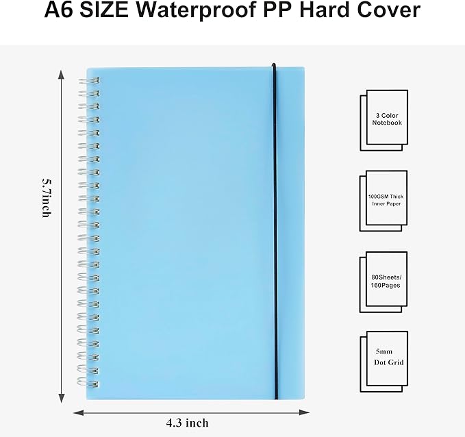3 Pack Small Spiral Notebook, A6 Dotted Notebook 4.3" x 5.7", 100GSM 5x5mm Dot Grid, 80 Sheets/160 Pages, Small Dotted Spiral Notebooks Journals for Writing, Sketch Book