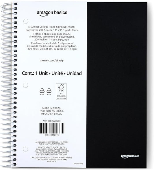 Amazon Basics College Ruled 5-Subject Spiral Notebook, 200 Sheets, 9" x 11", Black