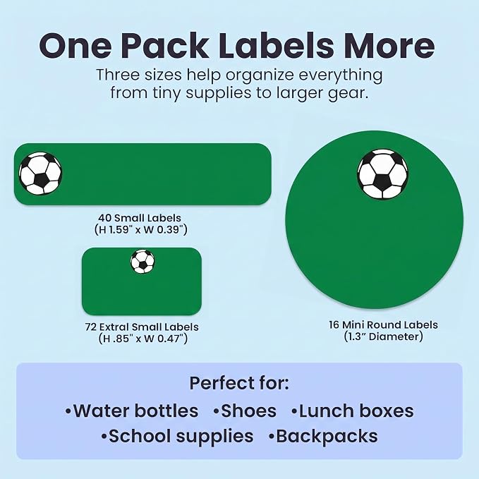 Label Daddy Personalized Name Labels for School, Soccer Design | Waterproof Name Tags for Kids, Washable Daycare Labels, Clothing, Lunch Boxes, Water Bottles and More, 128 Ct
