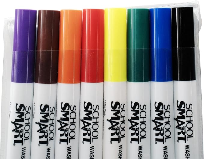 School Smart Chisel Tip Washable Markers for School, Home, and More, Assorted Colors, Pack of 8