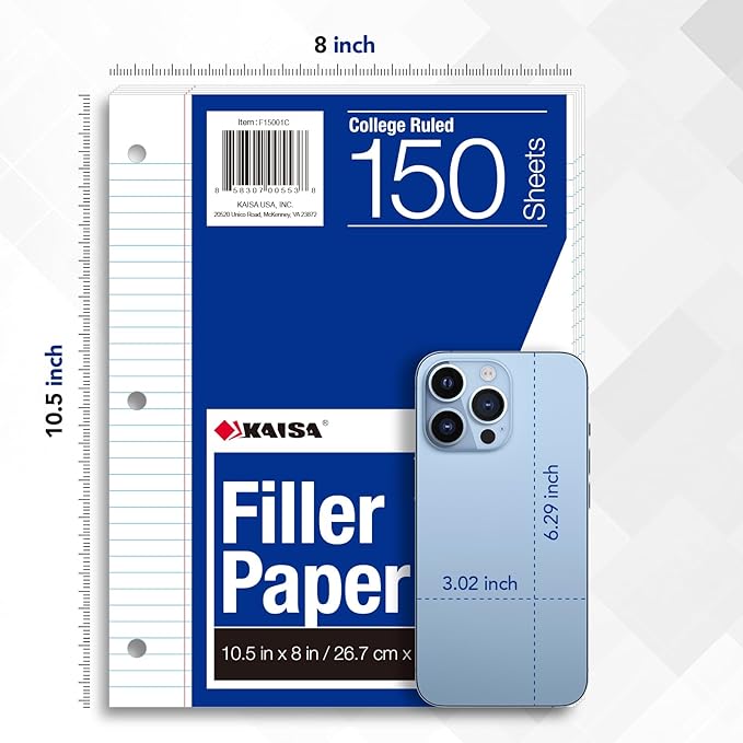 Kaisa Notebook Paper USA-Made Loose Leaf Paper, 24 Pack 3600 Sheets 8"x10.5" College Ruled - 3-Hole Punched Bulk Filler Paper for 3-Ring Binder, 150 Sheets/Pack, Wholesale Available(24Pack-college)