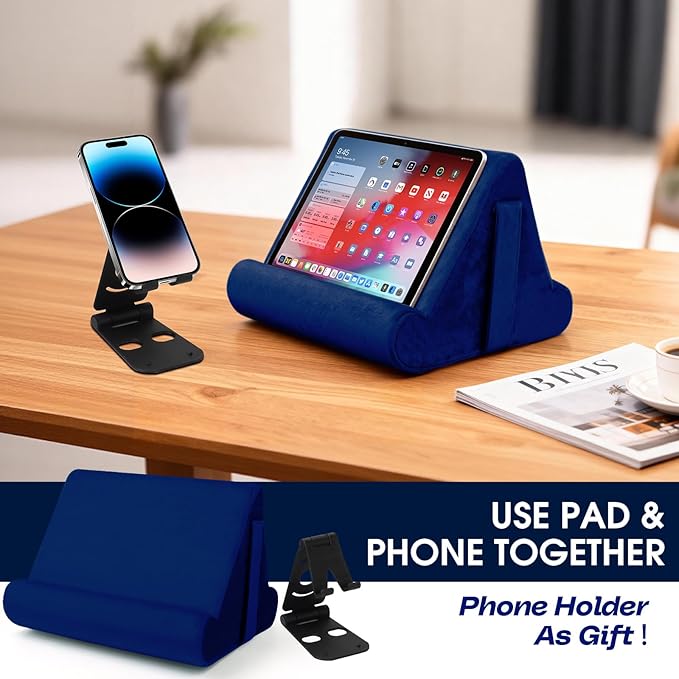 2pcs Multi-Angle Tablet Holder Cushion Stand with Net Pocket & Black Color Phone Stands Upgraded Tablet Pad Support for Phone,Pad,Books (Navy Blue)