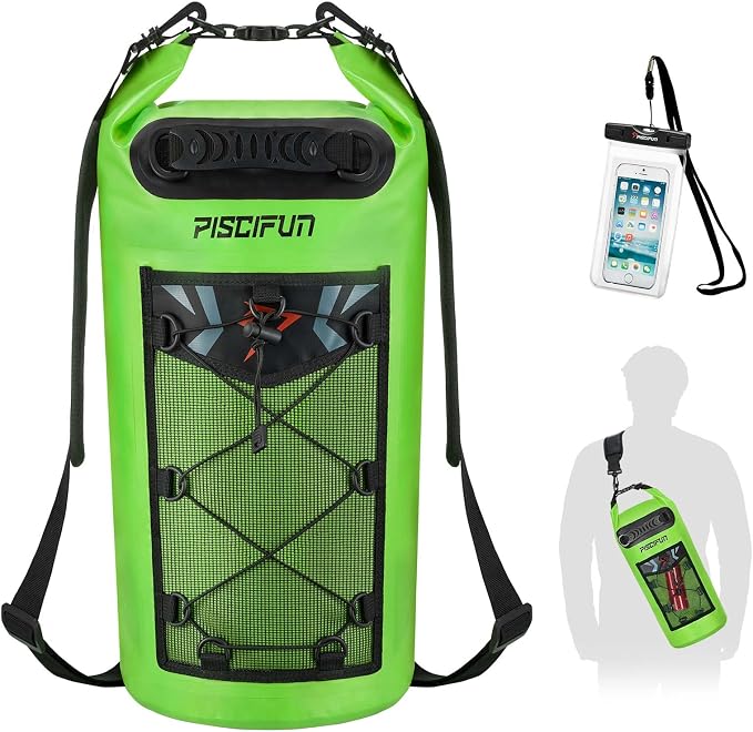 Piscifun Dry Bag, Waterproof Floating Backpack 10L/20L/30L/40L | Waterproof Phone Case, Adjustable shoulder straps, Roll-top closure keeps gear dry, Ideal for Boating, Kayaking, Fishing