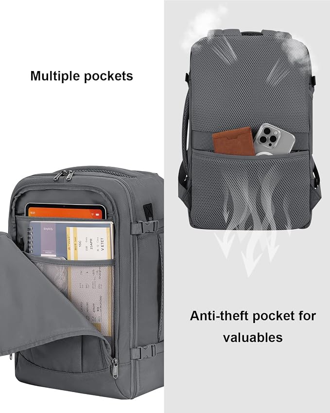 ECOHUB 17'' Travel Backpack, Personal Item Backpack with 13 Pockets, Flight Approved Carry on Backpack with USB Port & Luggage Sleeve, Travel bag for Men & Women, Water Resistant Backpack, Grey | 16.7"x10"x8" Small Backpack with 13 Pockets Water Resist...