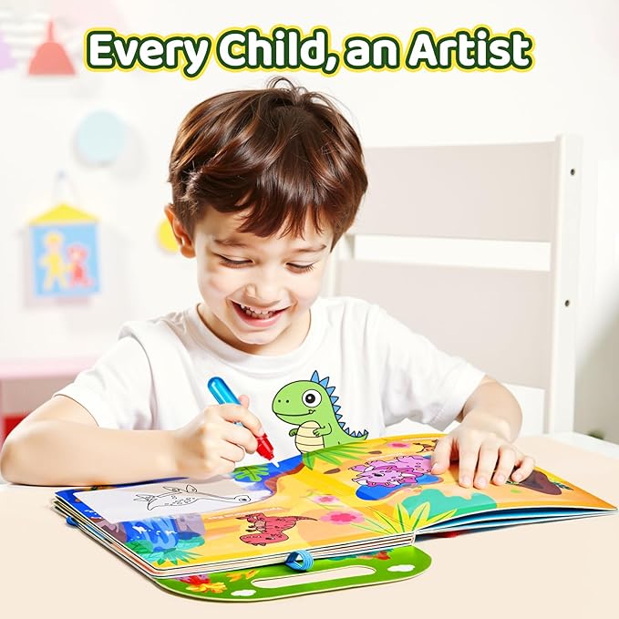 JoyCat Dinosaur Water Coloring Book for Toddlers 3-5, Reusable No-Mess Water Painting Book with Water Pen, 13 Activity Pages, Travel Toy Gift for Boys & Girls