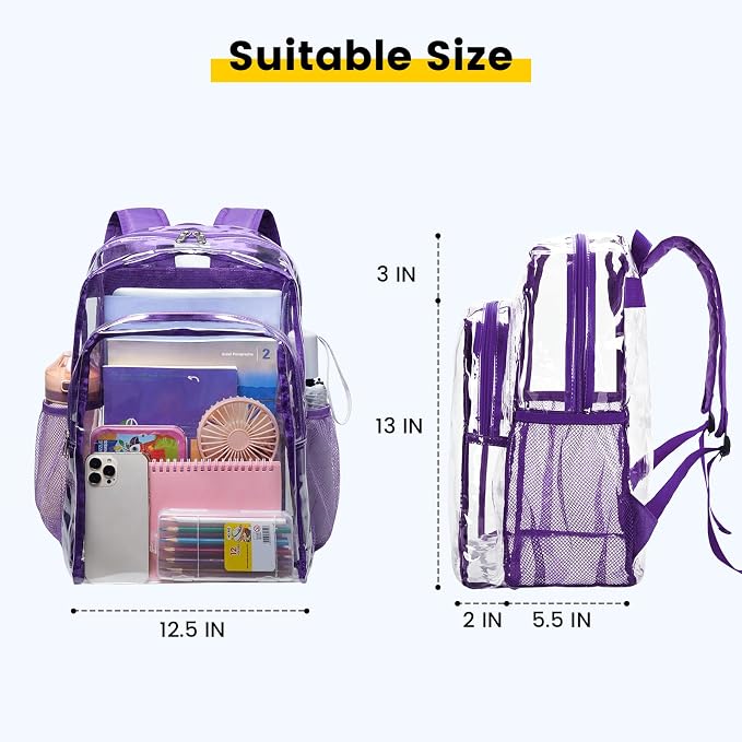 Vorspack Clear Backpack Heavy Duty - Large Clear Backpacks Transparent Bookbag for Girls Boys Large See Through Bag for Work, College, Concert - Purple