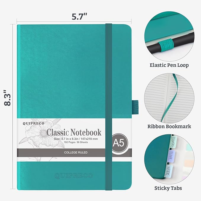 2Pack Lined Hardcover Journal Notebook, A5 192 Pages 100Gsm Thick Paper College Ruled for School,Note Taking,Work,Diary，5.7''*8.3'',Turquoise