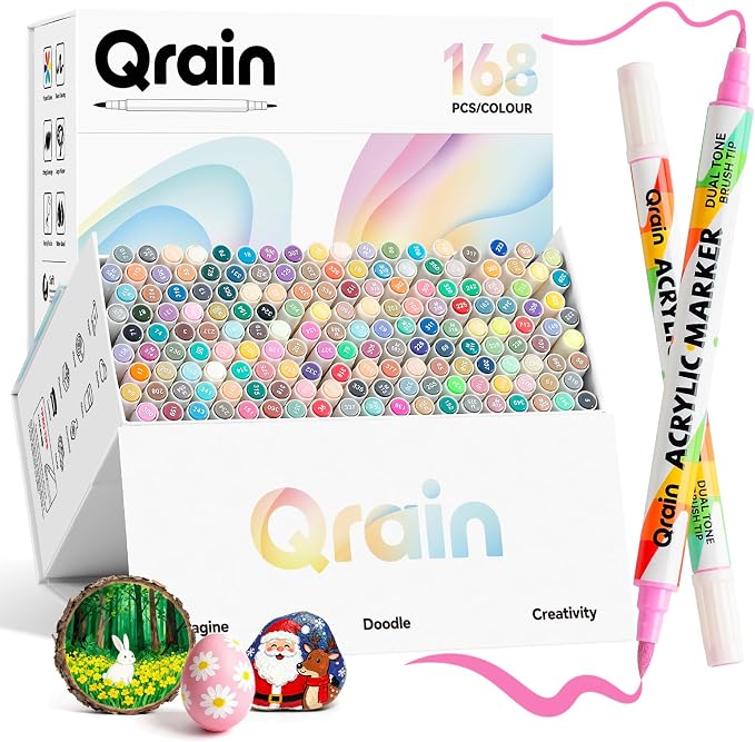 Qrain Acrylic Paint Markers Set, 168 Colors, Dual Tips (Brush & Fine), Water-Based Acrylic Markers for Rock, Wood, Glass, Fabric, Ceramics & DIY Crafts