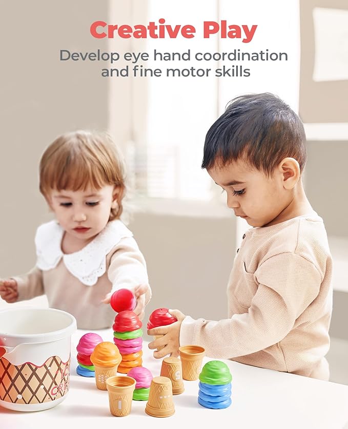 JoyCat Ice Cream Preschool Learning Activities Counting and Color Sorting Set Stacking Toys for Kids 1-5, Educational Fine Motor Skills Toys, 30PCS Math Manipulatives