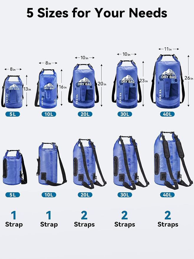 HEETA Dry Bag Waterproof Backpack with Phone Case 5L/10L/20L/30L/40L | Roll Top Lightweight Dry Storage Bag for Women Men, Travel Boating Kayaking Paddle Board Camping Beach Essentials Accessories