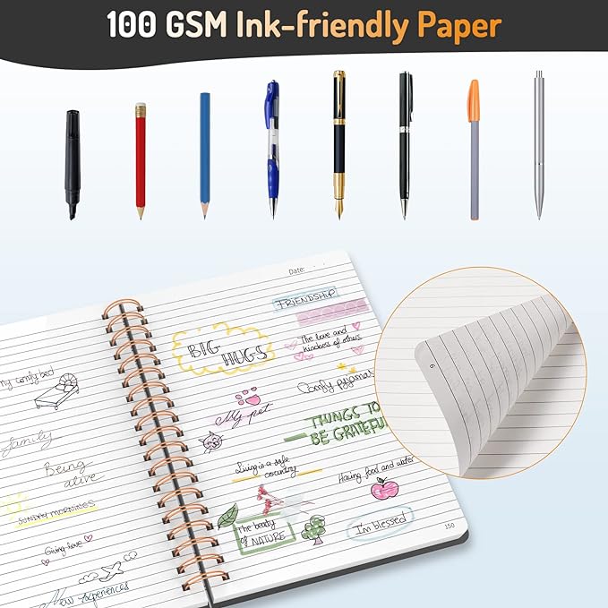 Forvencer Lined Spiral Journal Notebook with 300 Numbered Pages, B5 College Ruled Thick Journals for Writing with 100GSM Paper, Hardcover Notebooks with Contents for Work, School, Women, Men, Black