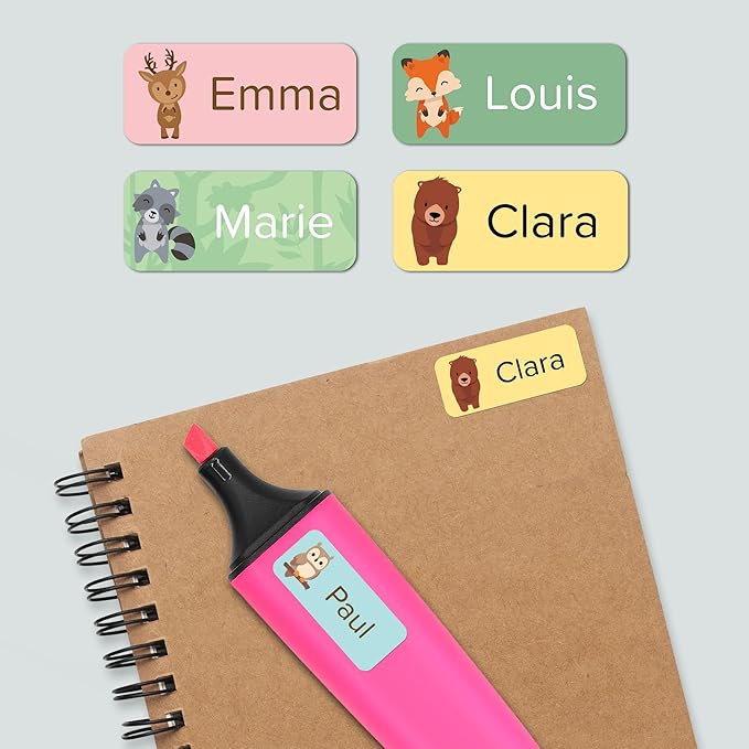 Name Labels for Kids (120 pcs) - Custom Waterproof Stickers for Daycare, Office and School Supplies (Forest Animals)