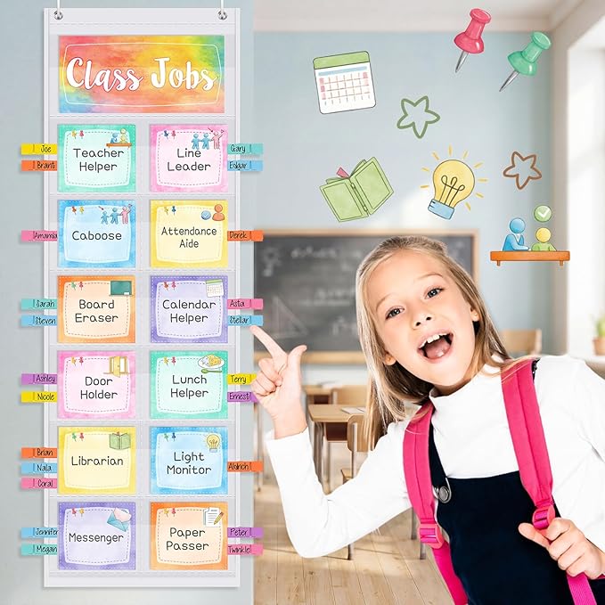 Pasimy Watercolor Class Jobs Pocket Chart Class Helpers Pocket Chart Classroom Jobs Cards with Clips and Hooks Teacher Helper Bulletin Board Set for Back to School Classroom Teacher Supplies