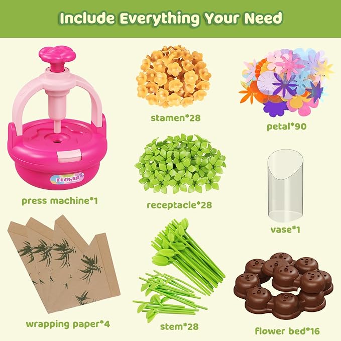 Flower Bouquet Making Kit for Kids Ages 4-8—DIY Arts and Crafts Toy, Build Your Own Flower Arrangement, Flower Press Craft Kit, Handmade Bouquet Birthday Gift for 3 4 5 6 7 8 9 Year Old Girls-[Rose]