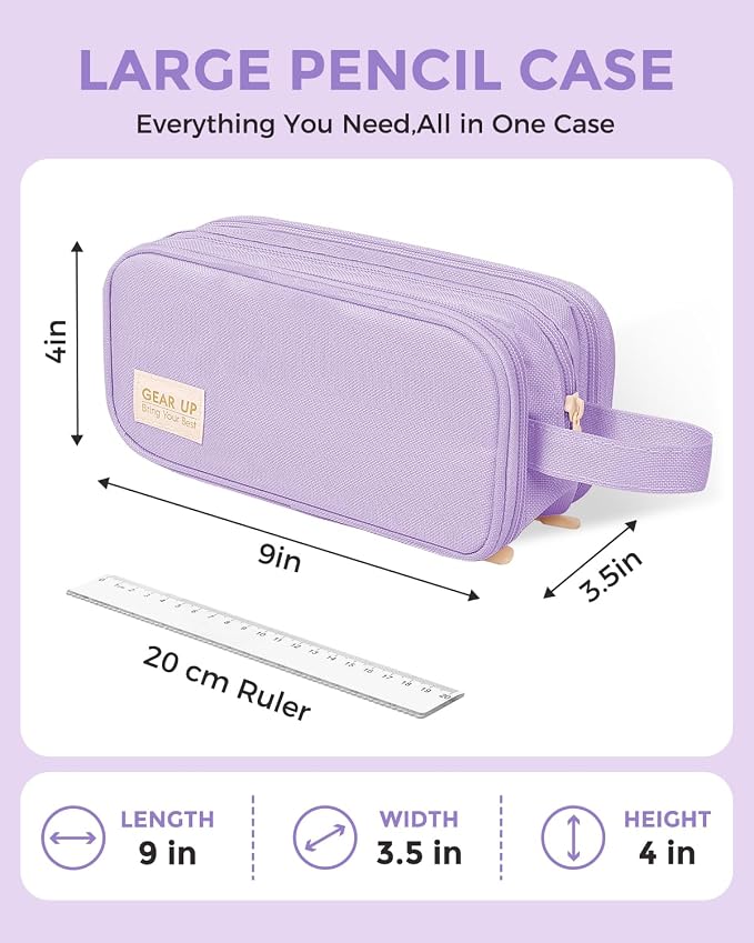 SKYDUE Large Capacity Pencil Case with Handle, 3 Compartment Canvas Pencil Pouch, Cute Soft Color Pencil Bag for Pens, Markers, Aesthetic Stationery and Organizer for Teen Girls Adult, Purple