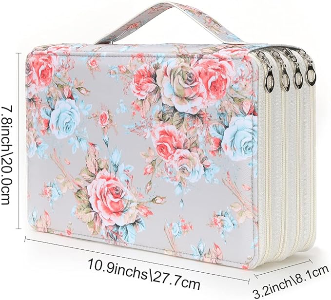 Vomgomfom 200 Slots Pencil Bag, 4-Layer Zipper Portable Art Supply Organizer, PU Leather Large Capacity Colored Pencil Case with Handle for 200 Watercolor Pens, Gel Pens (Gray Rose)