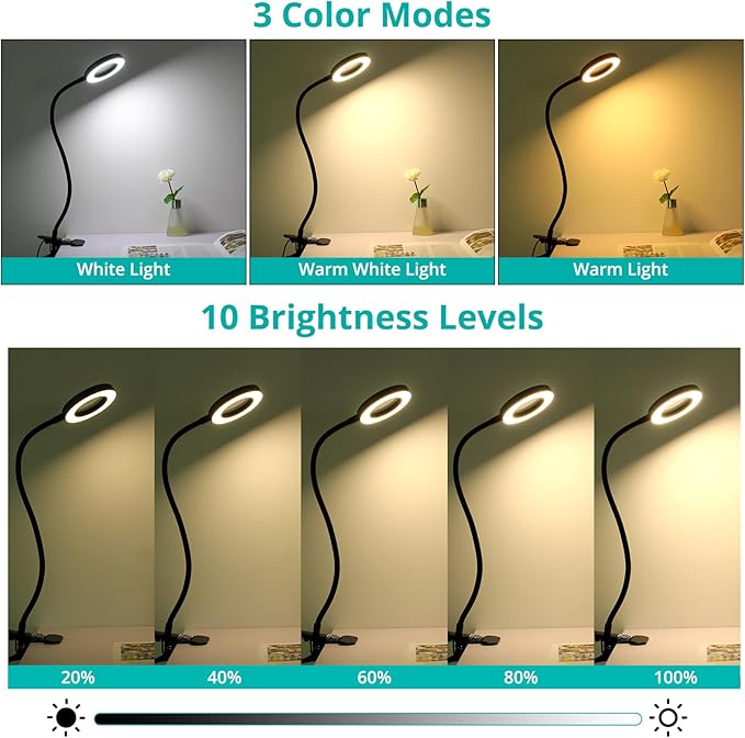 Woputne 5X Magnifying Glass Desk Clip Lamp, 10 Brightness, 3 Color Modes, 5V/2A Adapter Included – Clamp Light for Reading, Crafting, Close Work (Black)