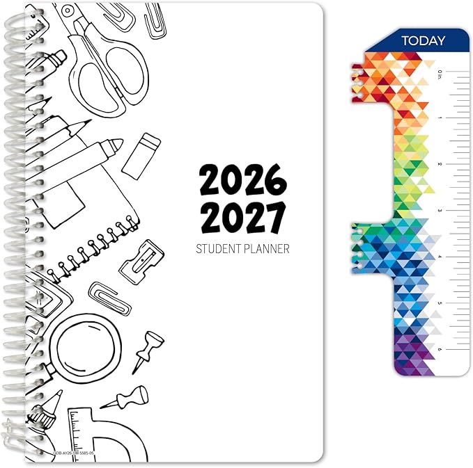 Global Datebooks 2026-2027 Middle & High School Student Planner 5.5" x 8.5" - Dated Weekly & Monthly Academic Planner w/Ruler/Bookmark & Stickers, For Homework, Matrix Style, Black Doodles