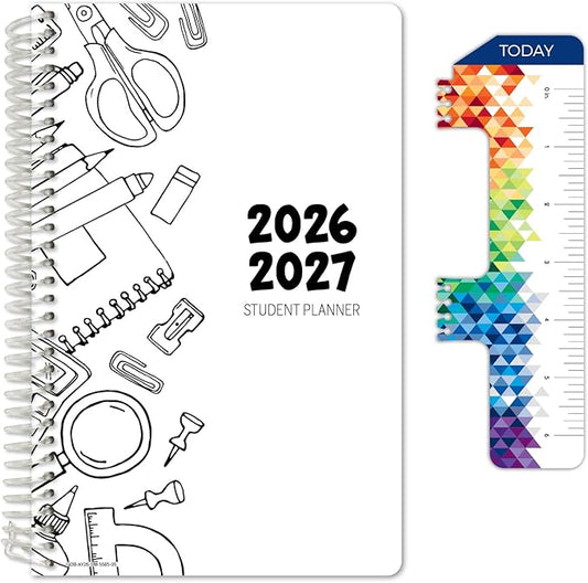 Global Datebooks 2026-2027 Middle & High School Student Planner 5.5" x 8.5" - Dated Weekly & Monthly Academic Planner w/Ruler/Bookmark & Stickers, For Homework, Matrix Style, Black Doodles