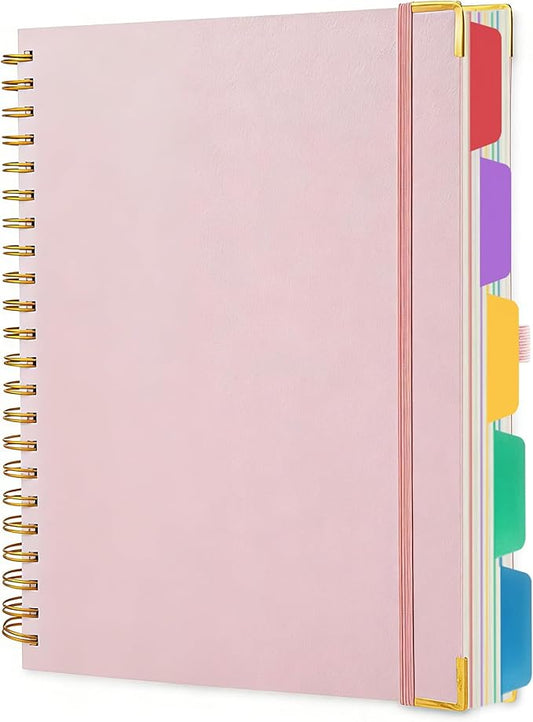 VANRTTO Hardcover Spiral Notebook With Removable Divider Tabs, B5 Notebooks College Ruled, 110 GSM Thick Lined Paper 5 Subject Notebooks for Work, School, 300 Pages Journals for Writing Pink B5DT