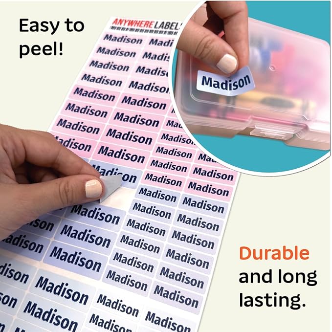 Kids Personalized Name Labels for School, Camp, Daycare (128 Labels) Custom Peel and Stick Waterproof Name Tags Stickers for Water Bottles, Lunch Boxes, Clothing, School Supplies (Flower Petal Colors)