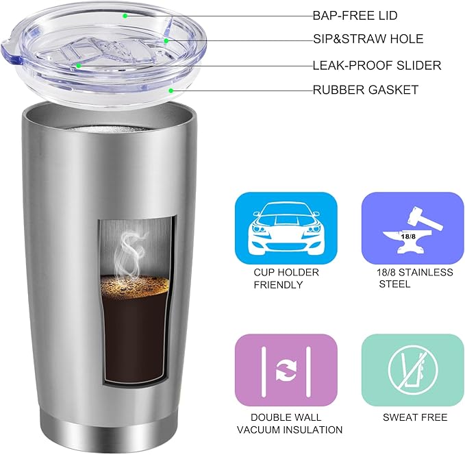 VEGOND 20oz Tumbler with Lid and Straw Stainless Steel Tumbler Cup Vacuum Insulated Double Wall Travel Coffee Mug Powder Coated Coffee Cup, Stainless, 1 Pack