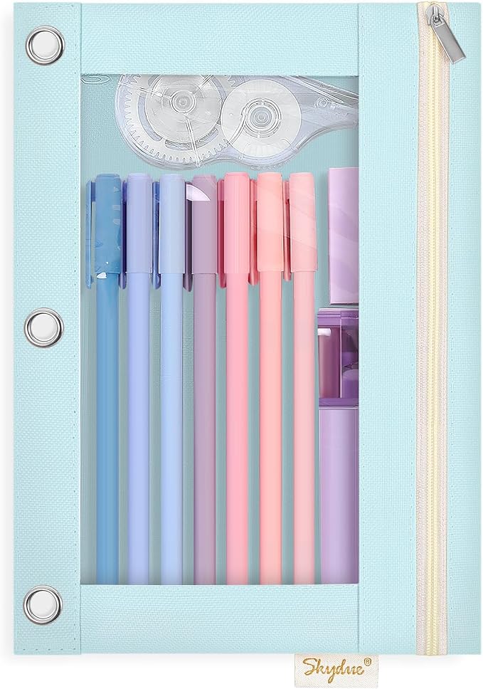 SKYDUE Pencil Pouch for 3 Ring Binder, 9.8" x 7.3" Clear Window Pencil Bag | Zipper Pencil Pouches for Girls Boys, Pencil Pouch with 3 Reinforced Grommets, Durable Organizer for School Supplies