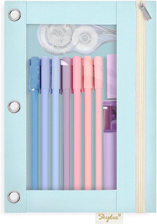 SKYDUE Pencil Pouch for 3 Ring Binder, 9.8" x 7.3" Clear Window Pencil Bag | Zipper Pencil Pouches for Girls Boys, Pencil Pouch with 3 Reinforced Grommets, Durable Organizer for School Supplies