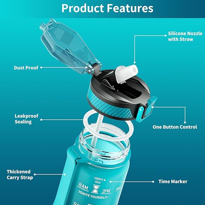 QLUR Water Bottle with Straw, 32oz Motivational Water Bottles with Time Marker to Drink, Tritan BPA Free, 1L Sports Water Bottle with Carry Strap LeakProof for Women Gym Fitness Outdoor (1 Pack)