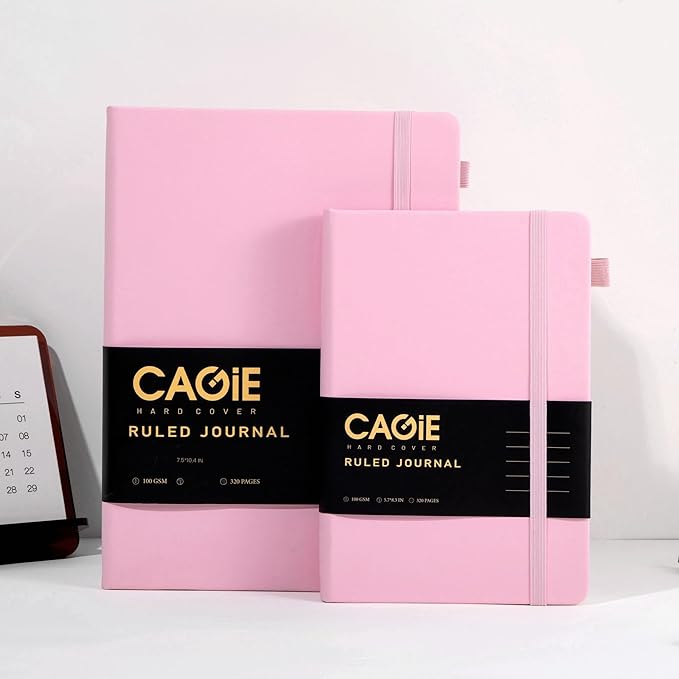 CAGIE Pink Journal Notebook for Women, 320 Pages College Ruled Notebook, 100 Gsm Paper Thick Lined Journal, A5 Hardcover Leather Journals for Writing, 5.7x8.3 In