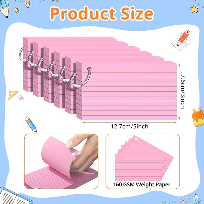 Index Cards 3x5 Inches, 300 PCS, Pink Flash Cards With Ring, Punched Lined Study Card Ruled Flashcards Notecards, Ruled Front And Blank Back, Note Card for School, College And Home