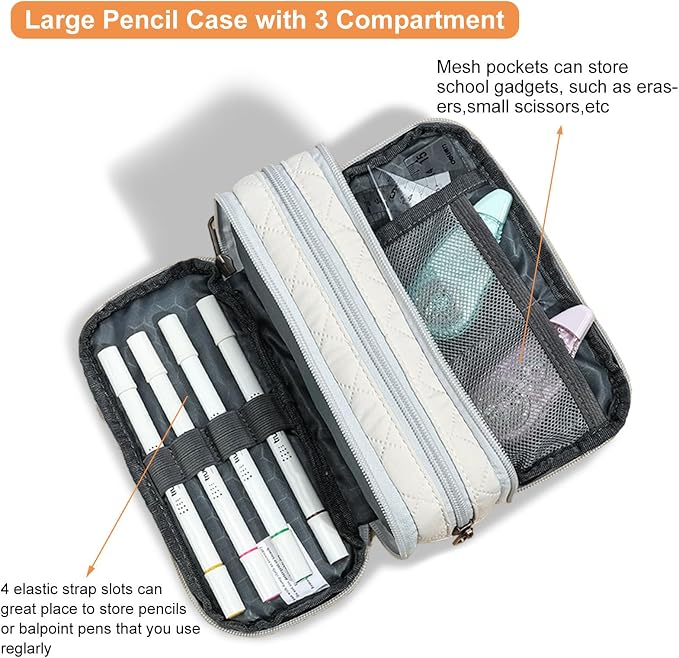 Della Gao Large Pencil Case, Big Capacity Pencil Pouch with 3 Compartments | Office Pencil Bag with Zipper, Big Pen Case for Adults (01-3Beige)
