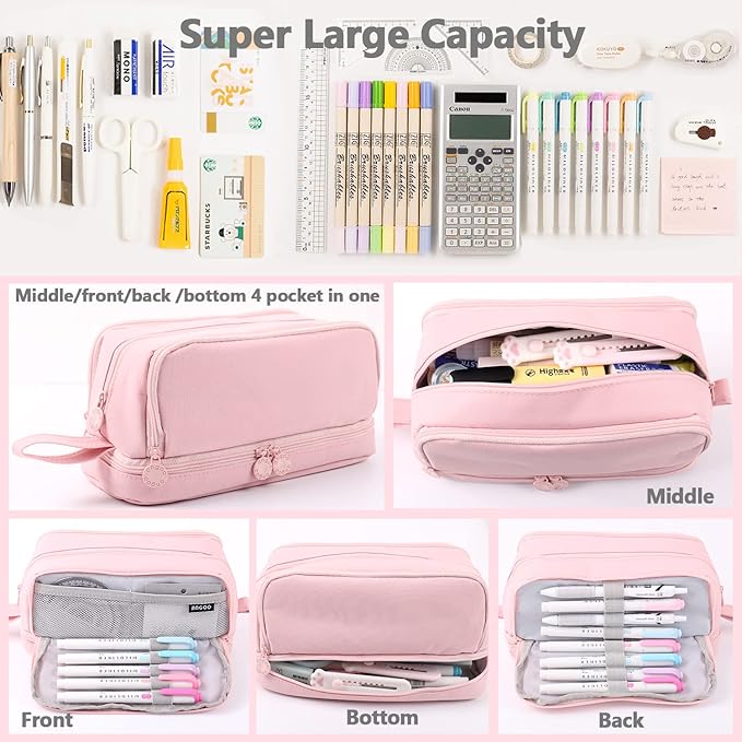 MAMUNU Large Capacity Pencil Case 4 Compartments, Pencil Pouch Bag with Zipper Portable Handle, Pen Case Bag Stationery Organizer for Office College School Adults Teen Girls Boys Men Women, Pink