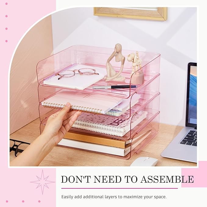 Harloon 4 Tier Pink Acrylic Paper Organizer 13 x 9.8 x 3 Inches Letter Tray Desk File Organizer Stackable Documents Clear Letter Paper Holder Office Tray for A4, Office Home File Desktop Storage
