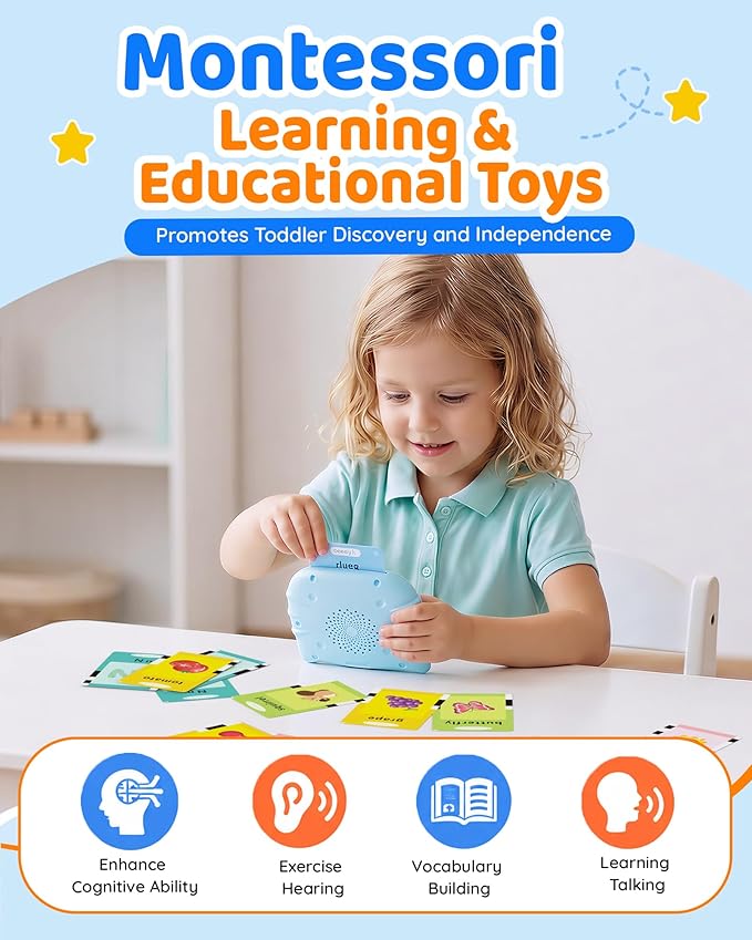 Aullsaty Talking Flash Cards for Toddlers 1-3, Upgraded 248 Sight Words Montessori Speech Therapy Toy, Autism Sensory Educational Learning Toys, Birthday Gift for Boys Girls (Blue)